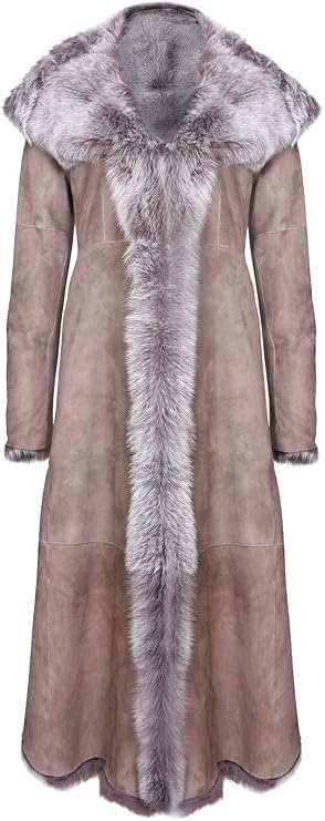 Taupe Full Length Hooded Ladies Suede Toscana Sheepskin Leather Trench Coat